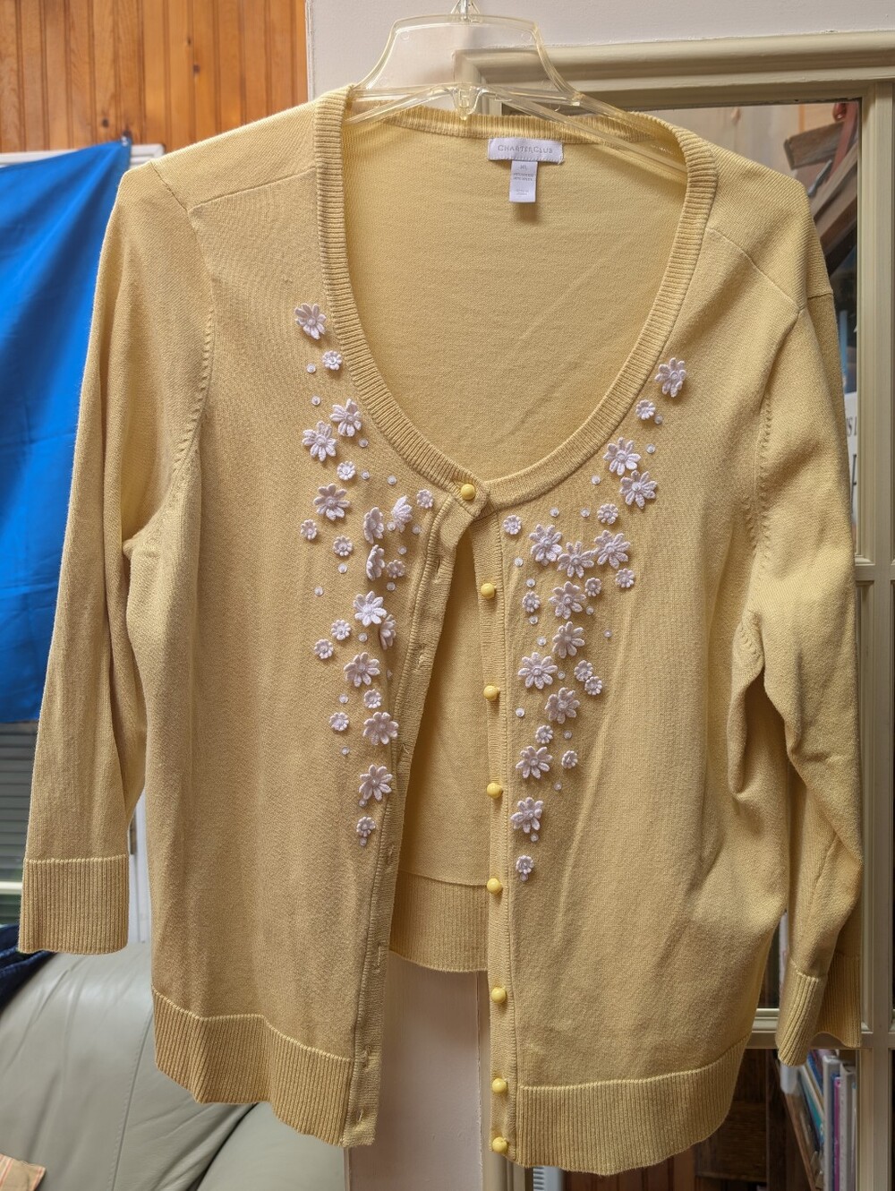 Charter Club Yellow Daisy Floral Embroidered Cardigan